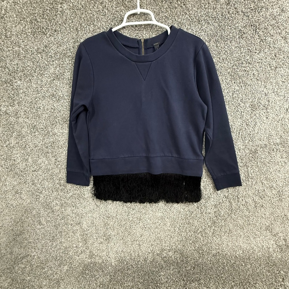 JCrew Womens Navy Blue Fringe Hem Back Zip Sweatshirt Top Small